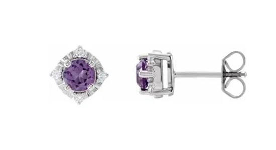 a pair of sterling silver stud earrings featuring round cut amethysts