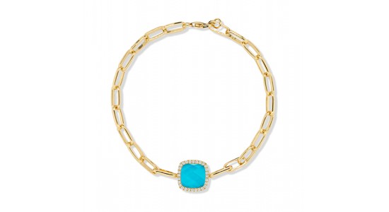 a yellow gold chain bracelet featuring a square shaped turquoise with a diamond halo
