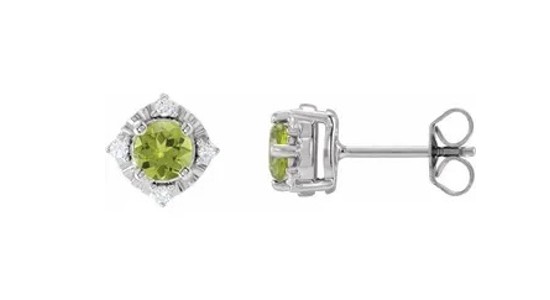 a pair of sterling silver stud earrings featuring round cut peridot