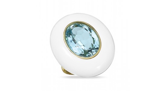 a yellow gold ring featuring oval cut blue topaz surrounded by white agate