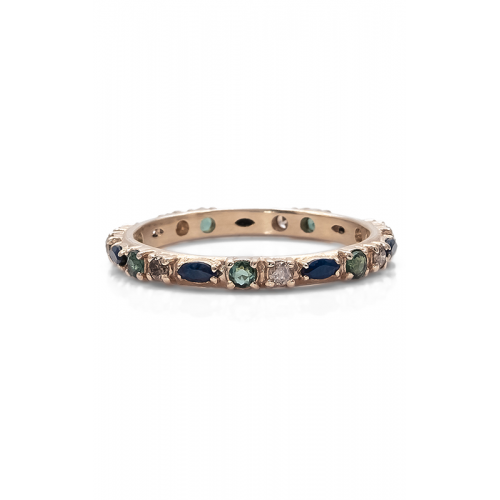 A gold eternity ring adorned with alternating blue and green gemstones and small diamonds.
