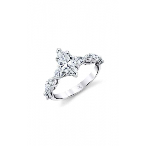 Elegant marquise-cut diamond ring with a twisted band adorned with smaller diamonds, set in white gold, conveying luxury and sophistication.