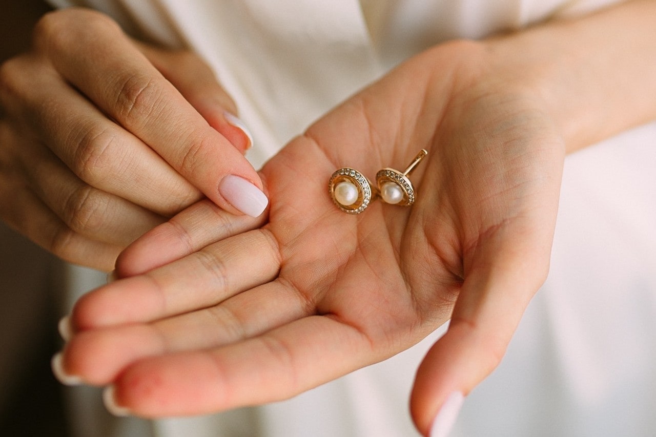 lady’s hand holding two pearl earrings