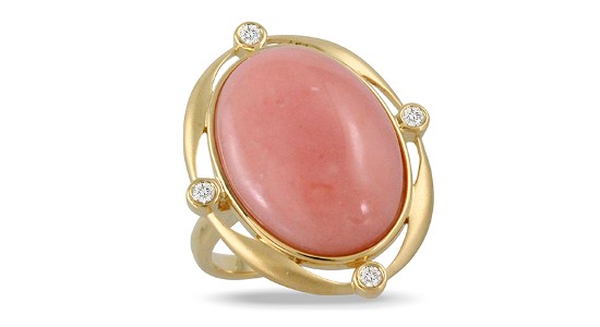 a yellow gold fashion ring featuring a pink opal center stone and diamond accents