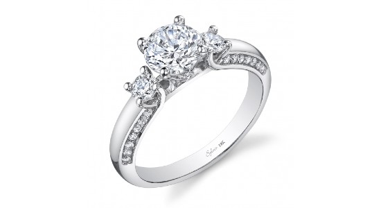 a three stone engagement ring in a white gold setting with accent stones along the side of the band