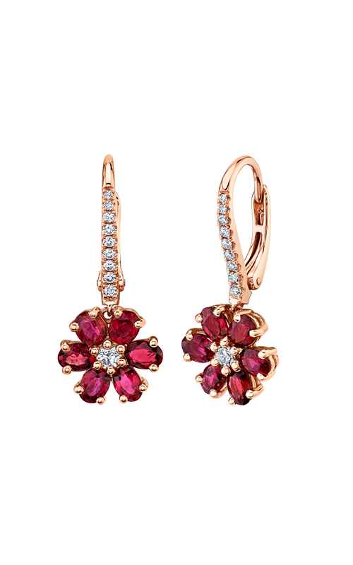 Rose gold drop earrings with rubies and diamonds arranged in a form of flowers.
