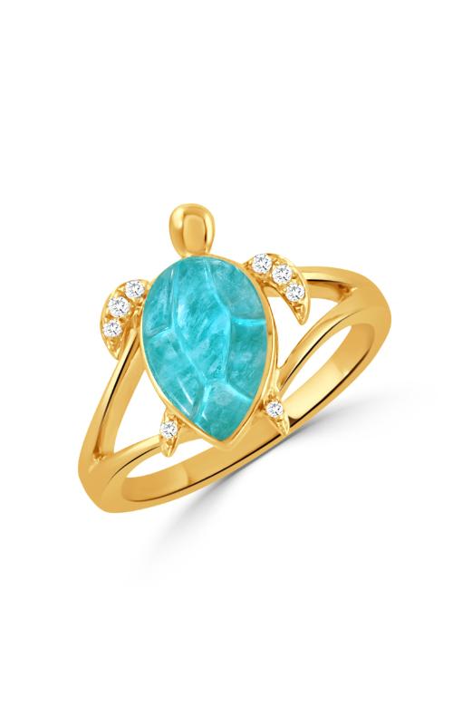 A yellow gold split shank ring with pear shaped amazonite and diamonds shaped in the center as a turtle.