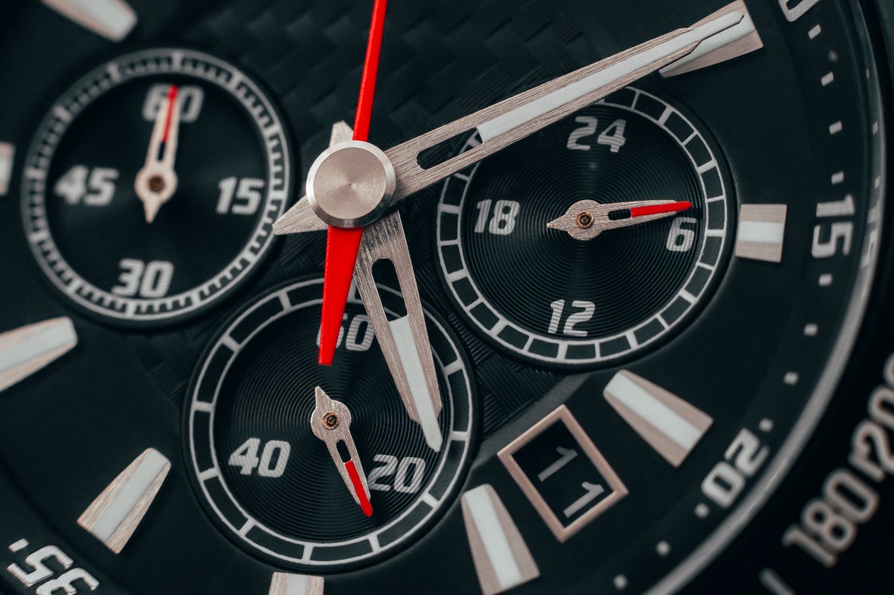 close up of a watch face with complications