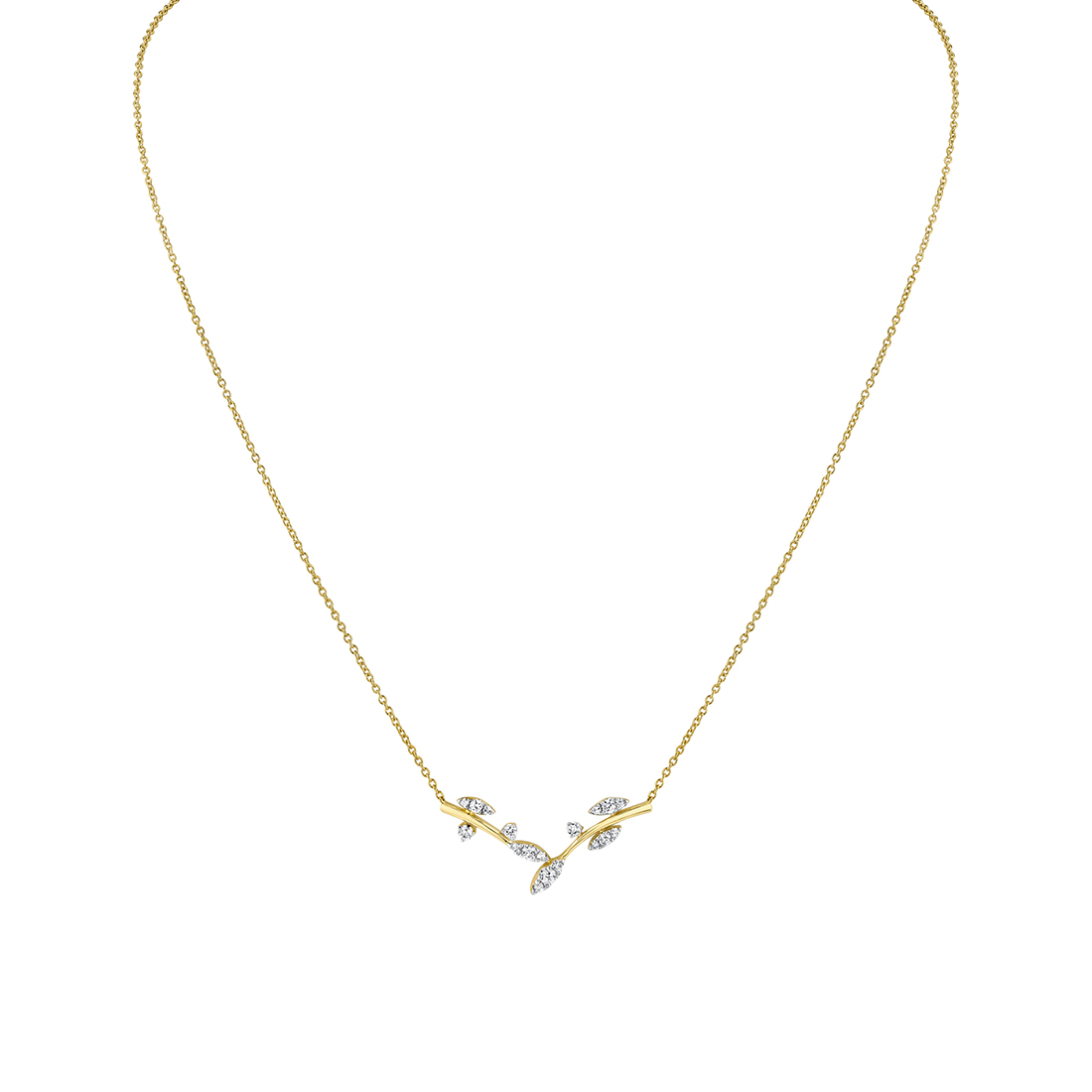 A yellow gold chain bar necklace with diamond leaves.