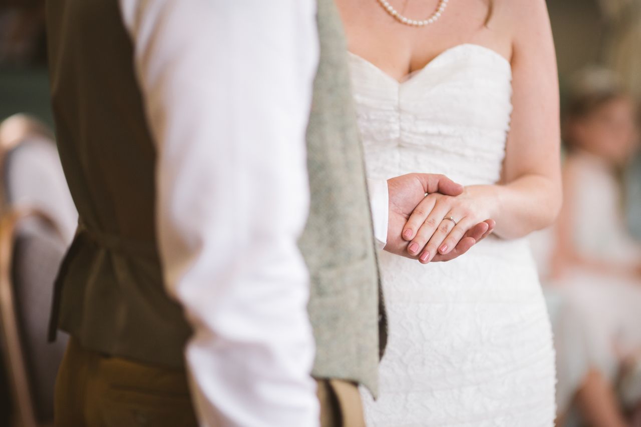 A bride and groom holding hands during a wedding ceremony, with a strong emphasis on her wedding band.