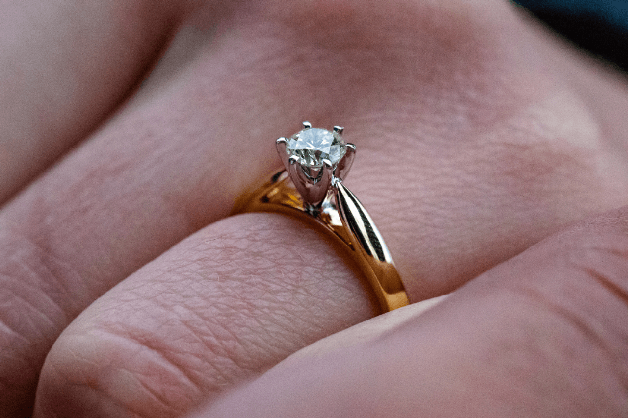 a close-up of a finger wearing a solitaire engagement ring